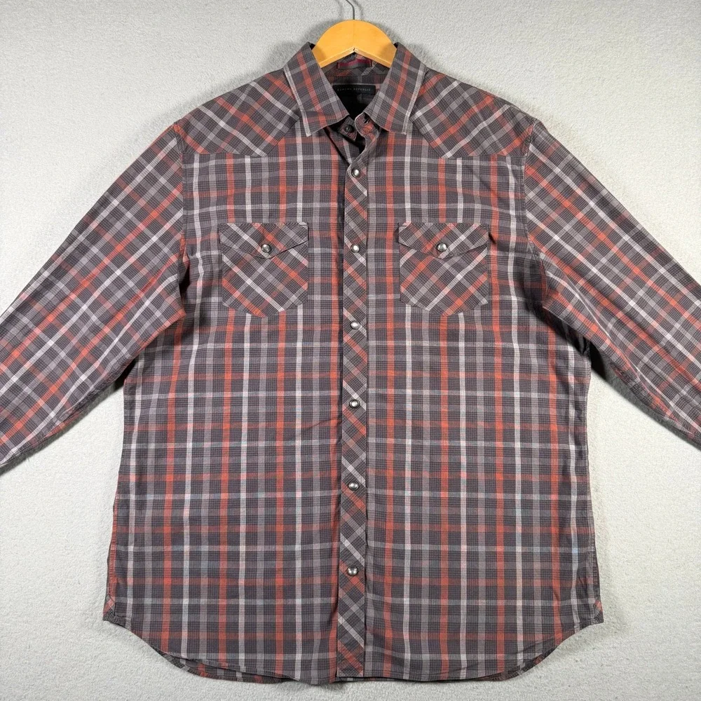 Banana Republic Mens Grey Red Plaid Western Pearl Snap Long Sleeve Shirt Stretch